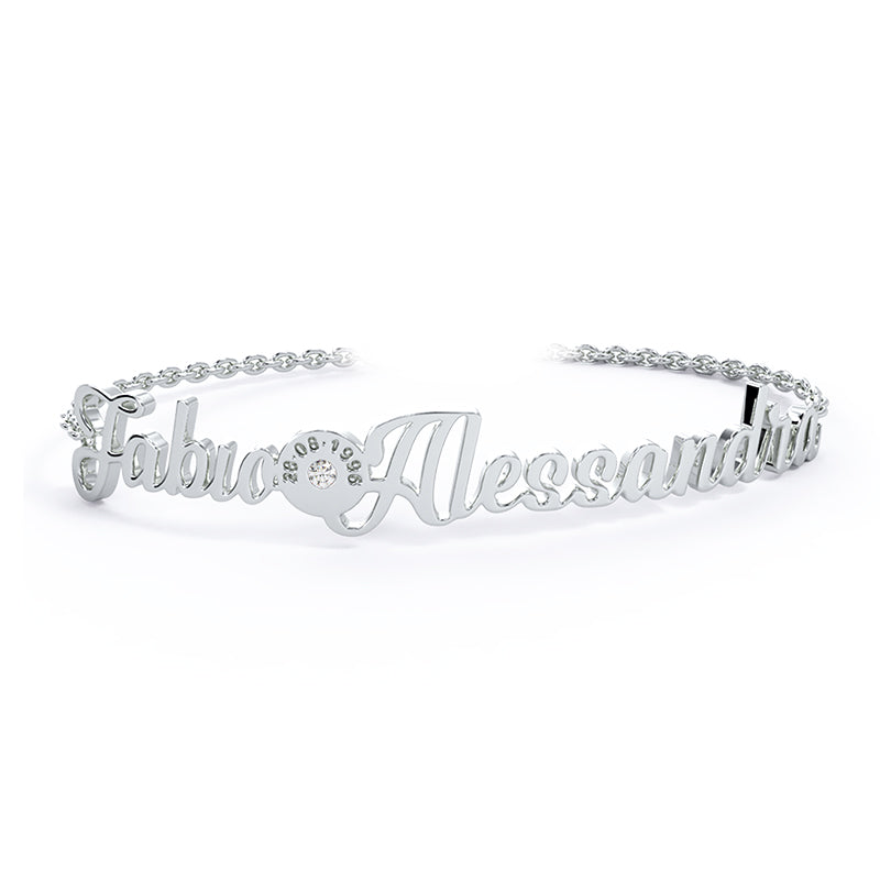 Bracciale personalizzabile con due nomi e inserto centrale con diamante BRN004