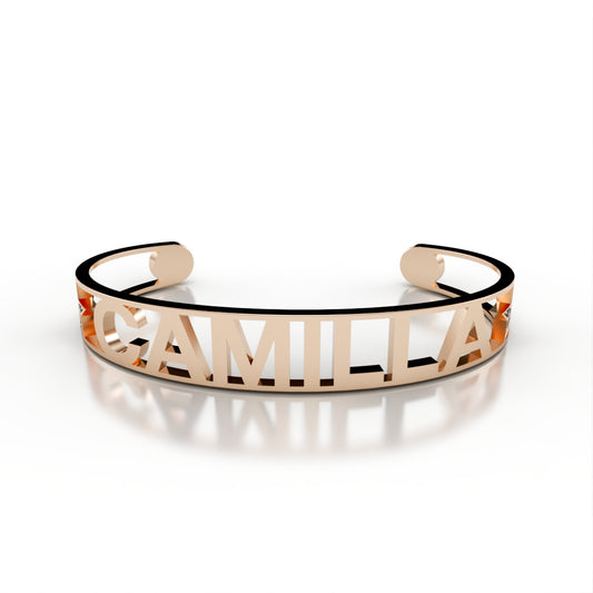 Bracciale rigido aperto personalizzabile con nome e inserti con pavè di diamanti neri BRN007